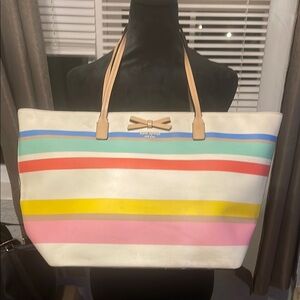 kate spade White and Red Tote Bag with Striped Design and Leather Handles